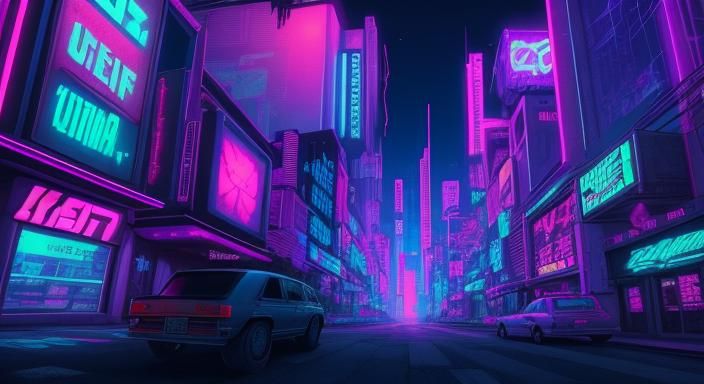 Cyberpunk Cityscape with Neon Retro Synthwave Aesthetic
