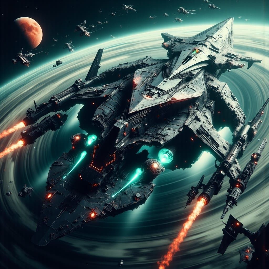 Gigantic Dagger Spaceship Orbits Ringed Green Planet