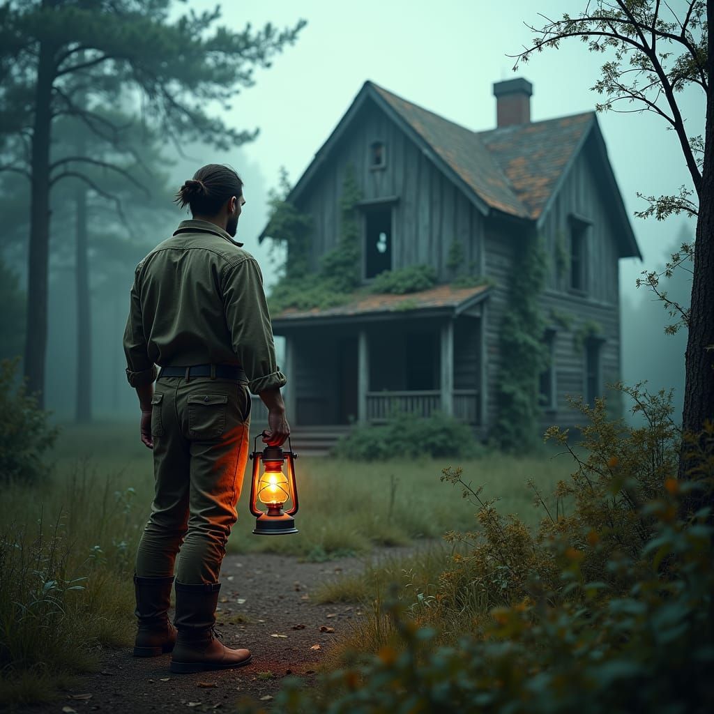 Eerie Forest: Man with Lantern in Cinematic Style