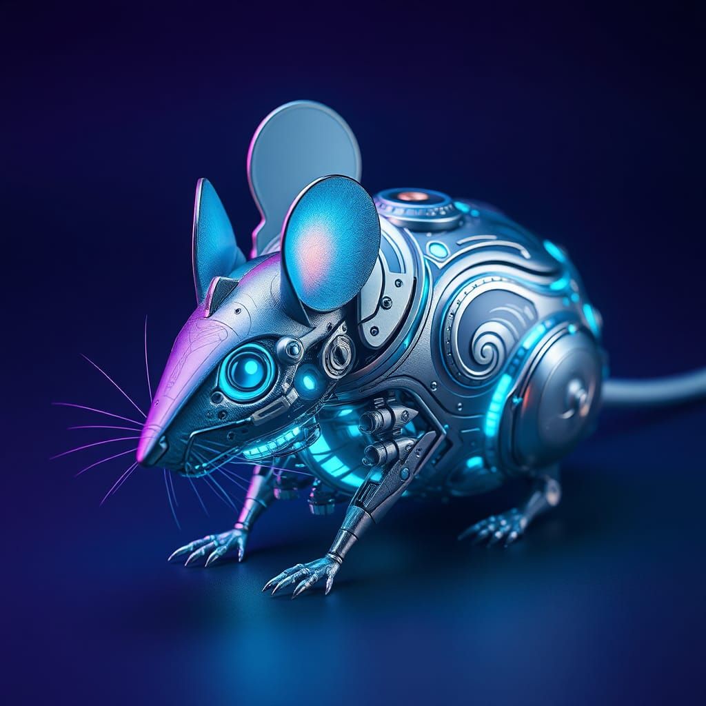 Futuristic Biomechanical Mouse with Iridescent Fur