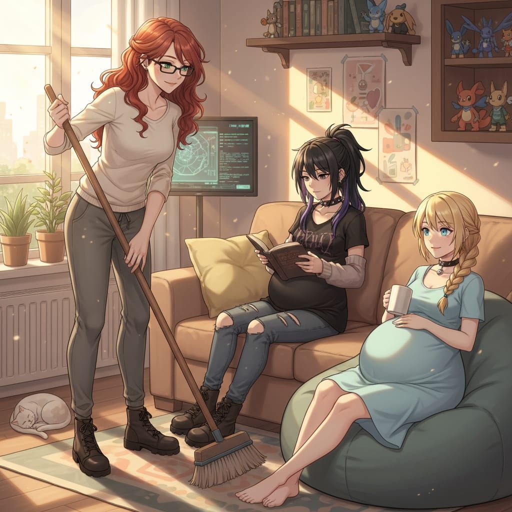 Anime Style: Woman Cares for Two Pregnant Wives