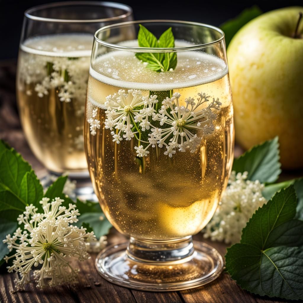Hyperrealistic Sparkling Elderflower Cider in Glass