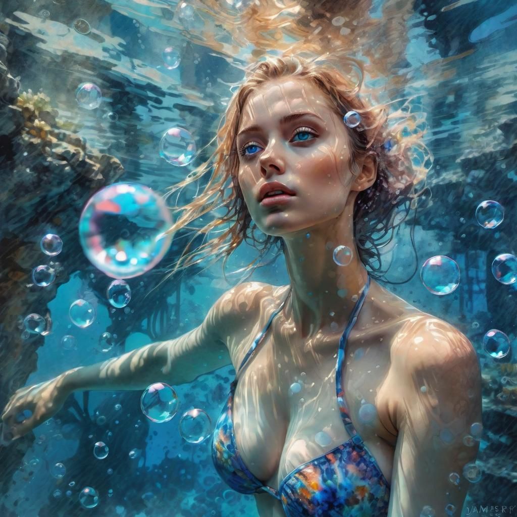 Underwater Woman in Bikini with Bubbles