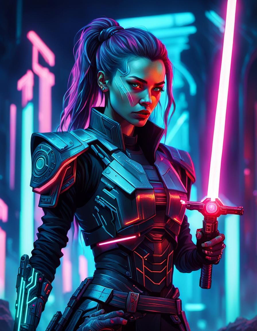 Cyberpunk Warrior with Laser Sword in Neon Cemetery