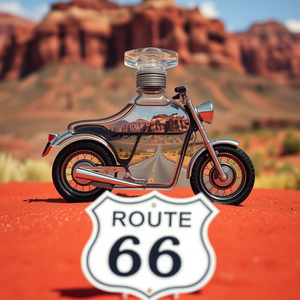 Perfume Bottle Shaped Like a Motorbike with Desert Road Scen...
