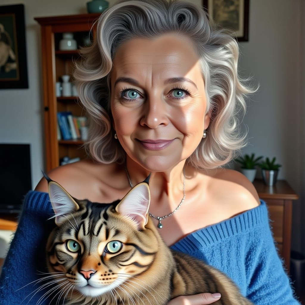 <lora:Me:1.0>A closeup of a woman with greyblond hair, wearing a blue off the shoulder sweater, holding a <lora:Langhaar...