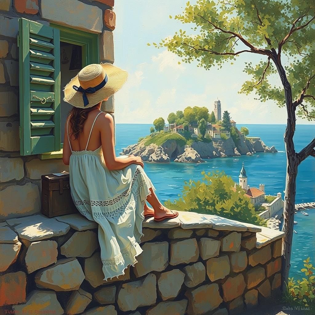 Impressionist Woman on Stone Wall in Italy