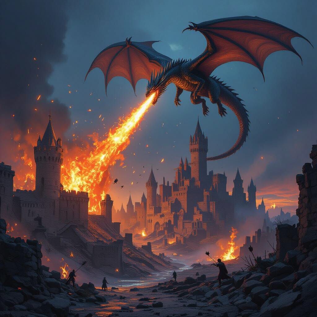 Majestic Dragon Soaring Over Burning City