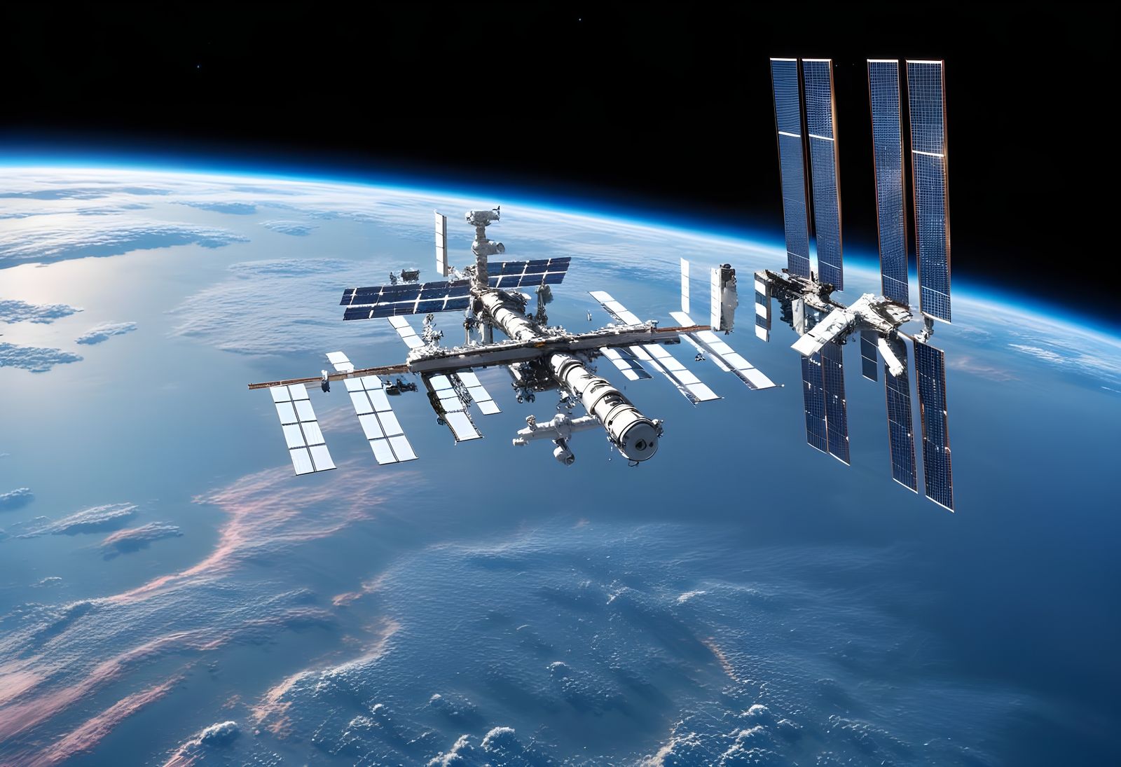 ISS Orbiting Earth with Nebula in Space