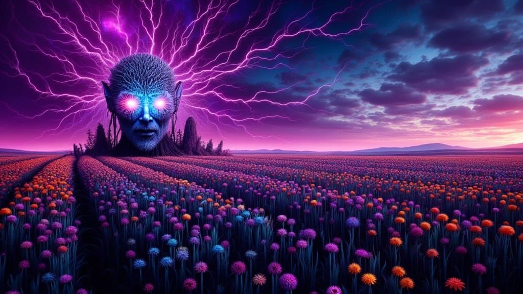 Fractal-Faced Man with Rainbow Lightning in Farm Horror Styl...