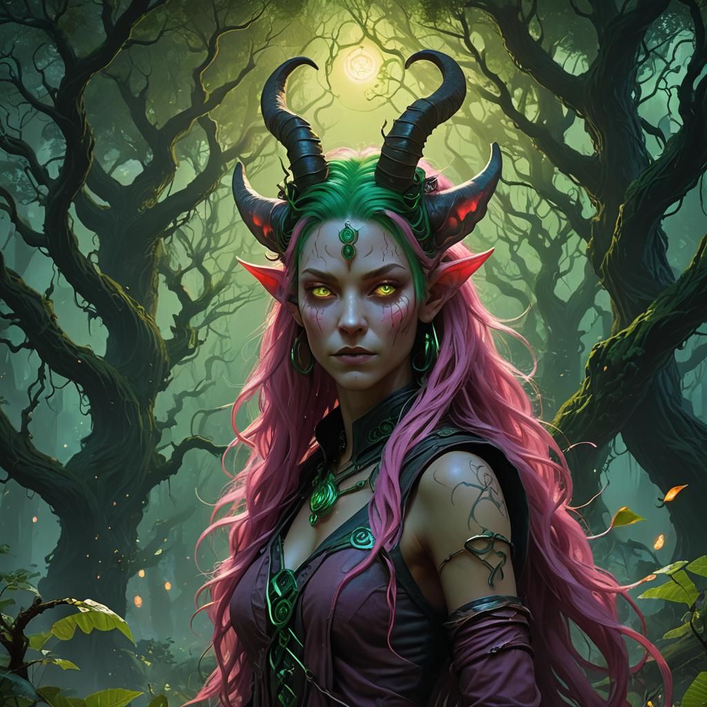 Tiefling with Emerald Hair in Mystical Realm