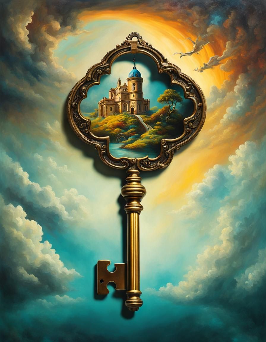 Antique Key Falling into Wonderland Surrealism