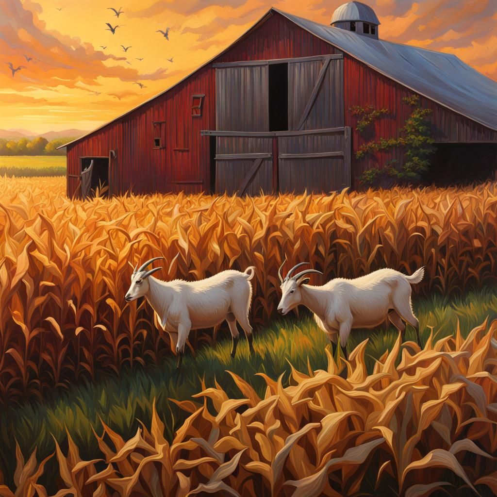 Hyperrealistic Barn with Goats in Corn Field
