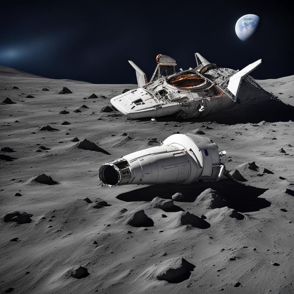 Crashed Spaceship on Lunar Surface