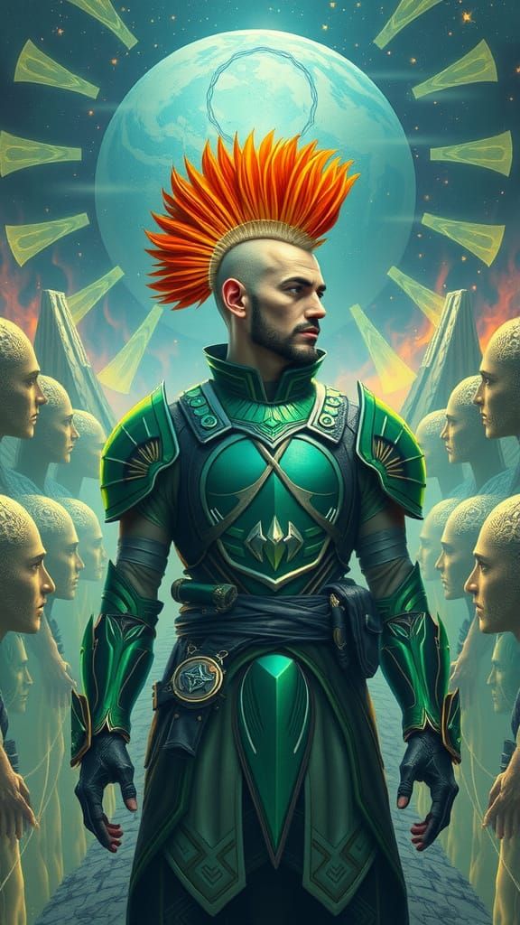 Emerald Warrior at Infinity's Edge: Acrylic Painting