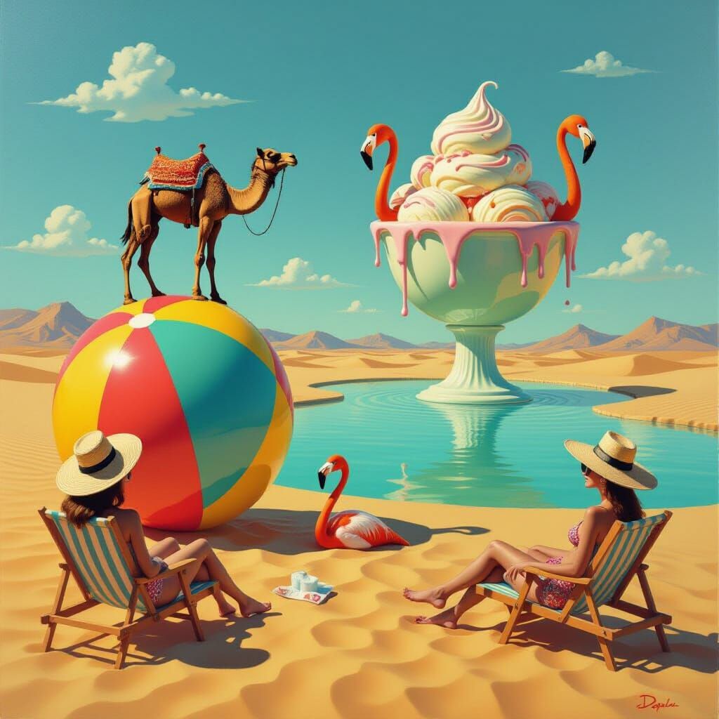 Surreal Desert Oasis with Camel and Flamingos