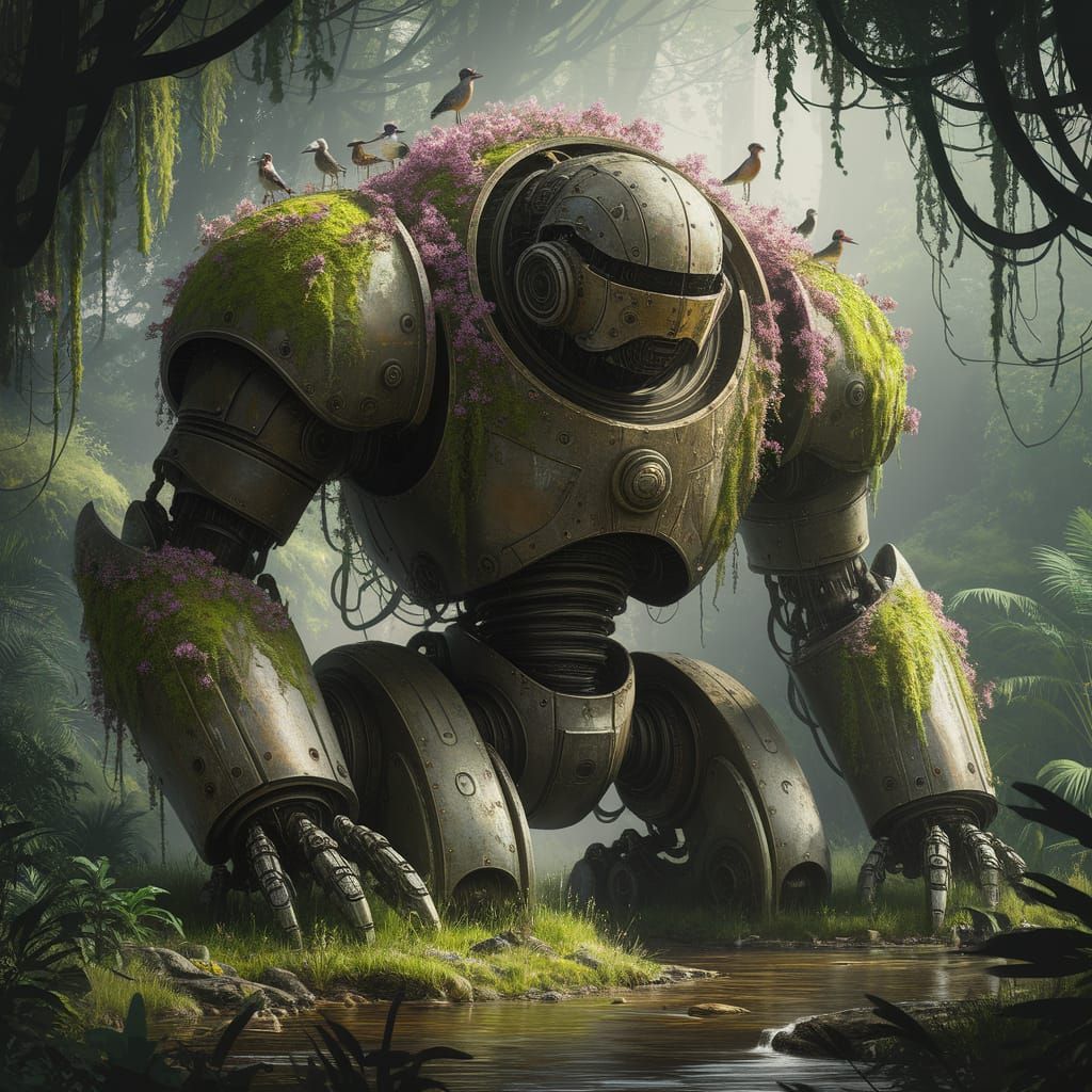 Ancient Automaton Slumbers in Mossy Jungle Clearing