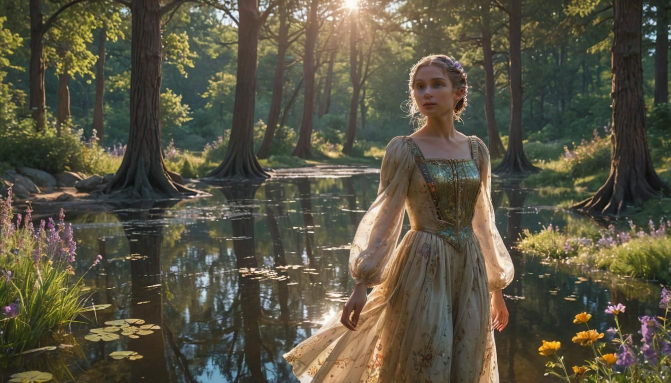 Princess Evening Stroll in Hyperrealistic Landscape