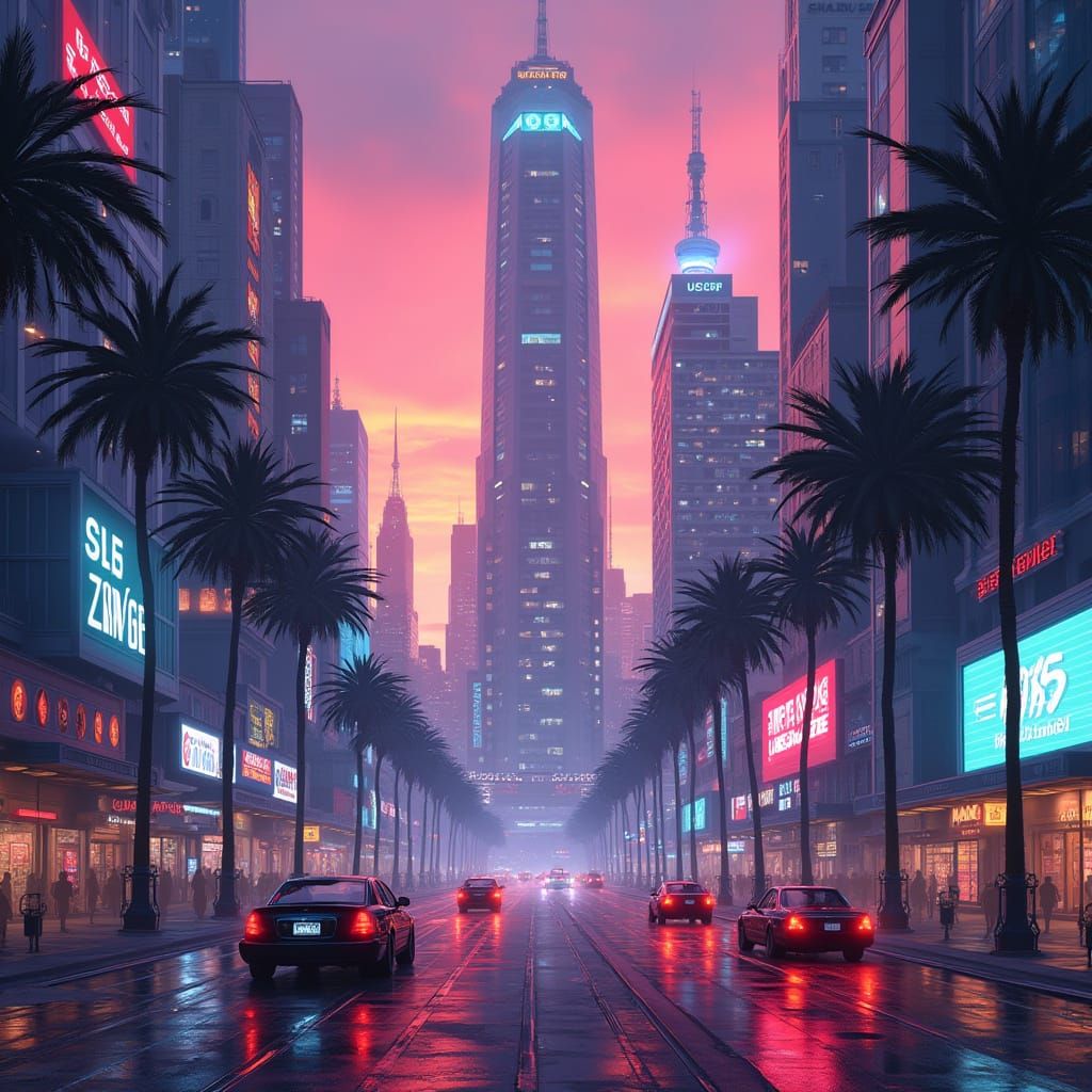 Futuristic Cityscape at Dusk in Cyberpunk Style