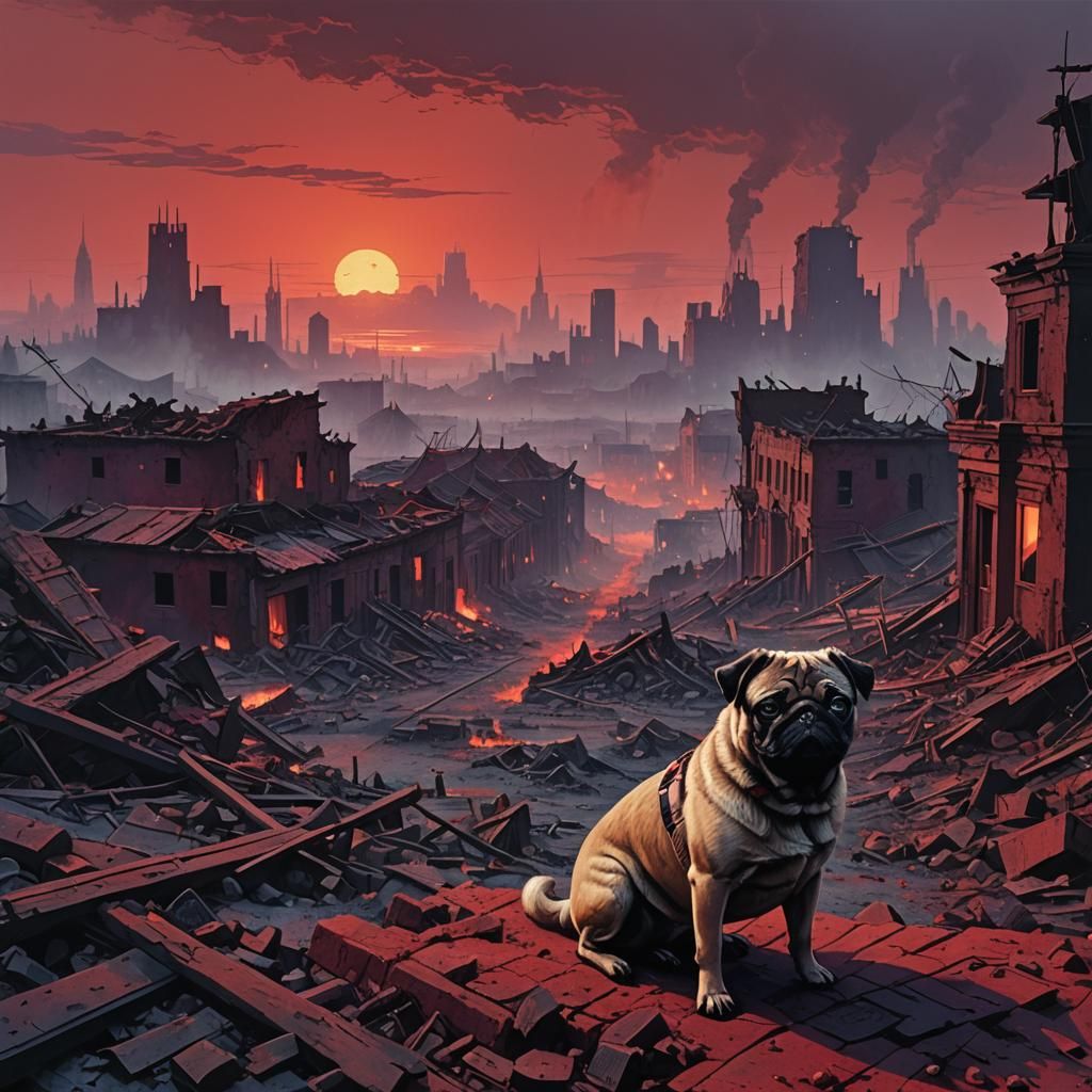 Pug in Post-Apocalyptic Cityscape
