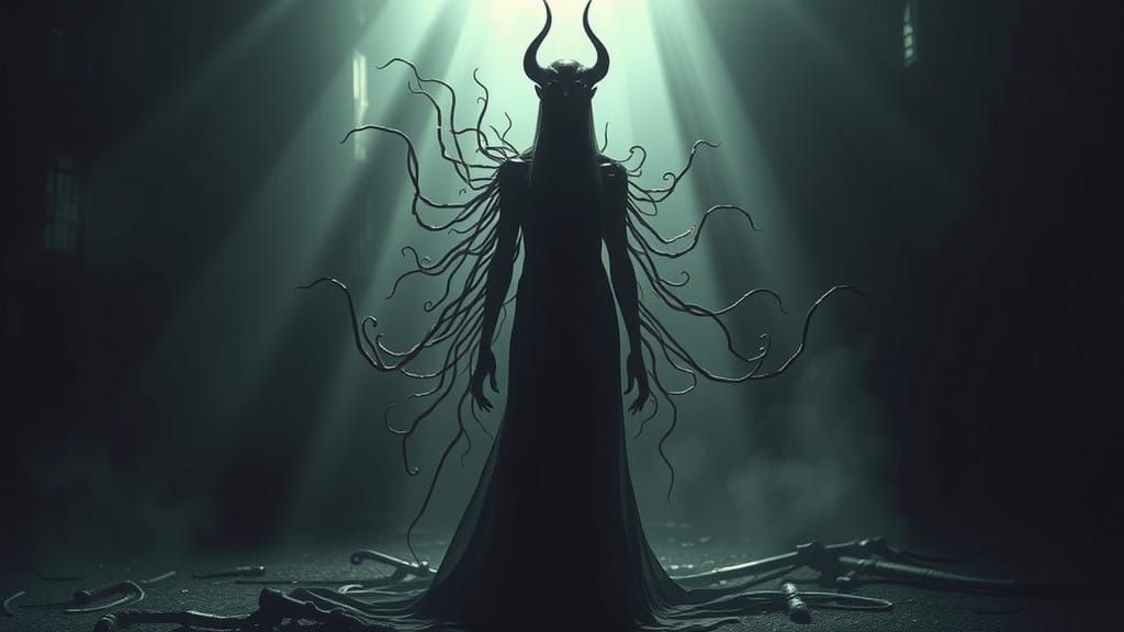 Dark Surrealist Figure Amidst Dancing Shadows