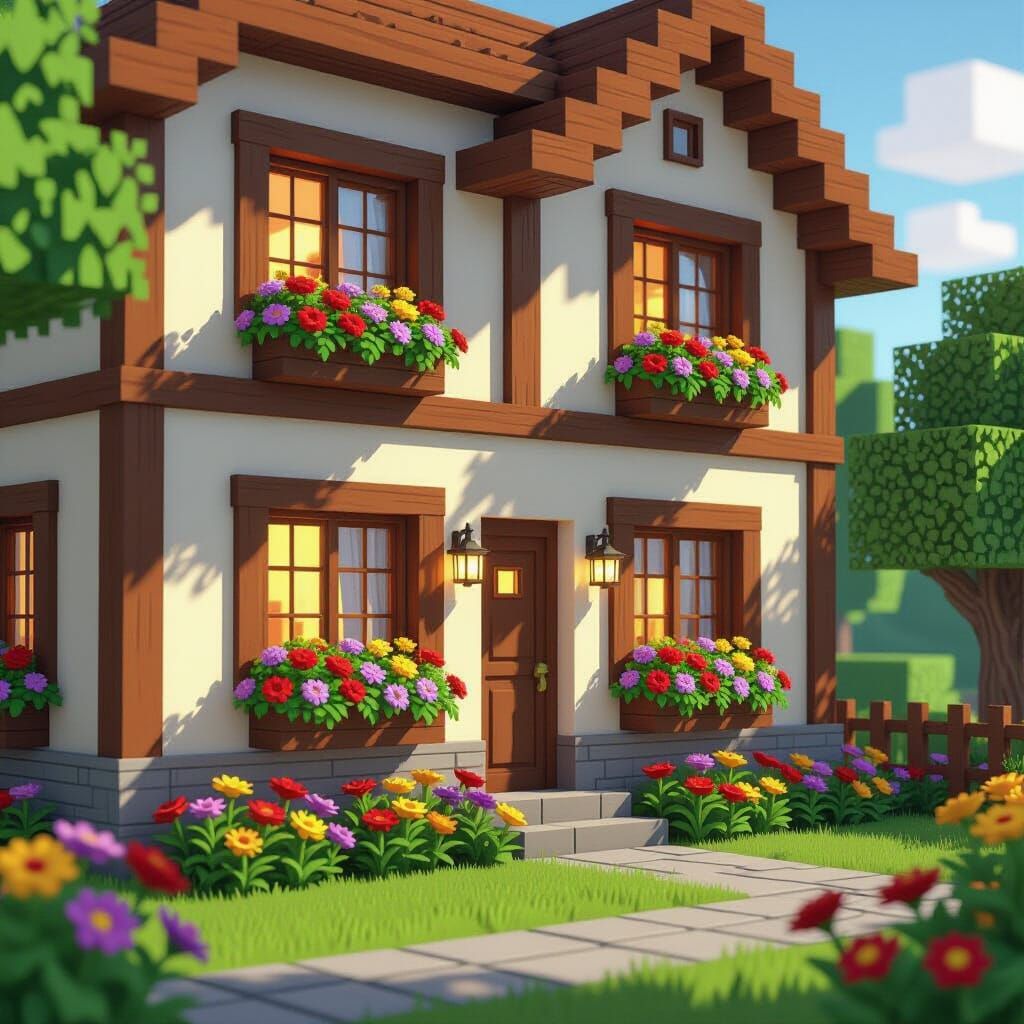 Minecraft House with Flower Beds, in Pixel Art Style