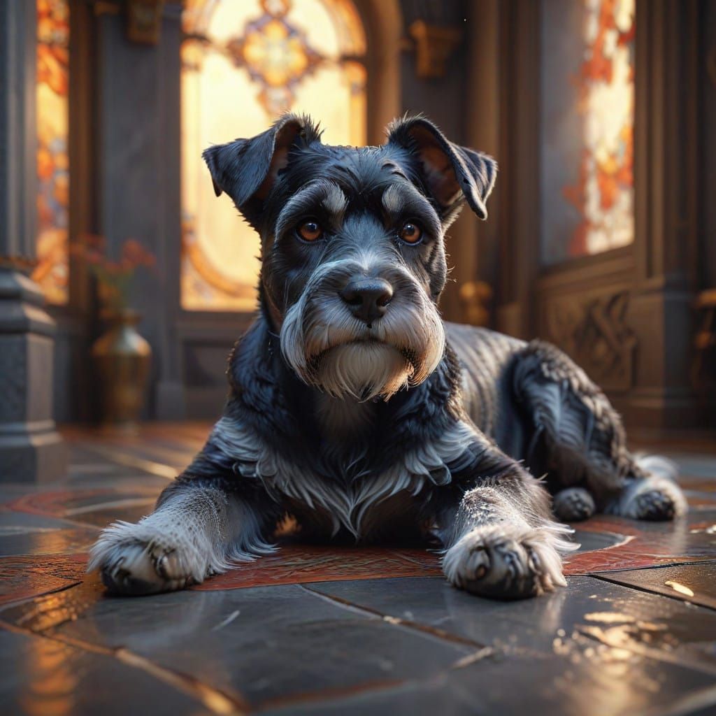 Stylized Portrait of a Black and White Schnauzer on a Patter...