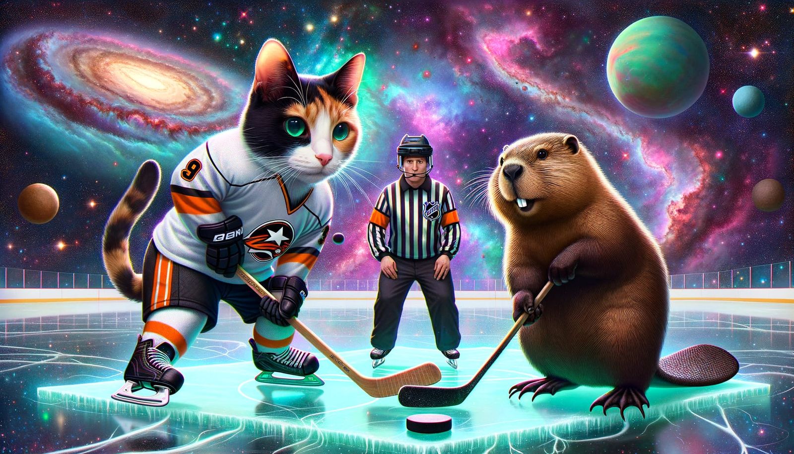 Calico Cat and Beaver Play Hockey in Space