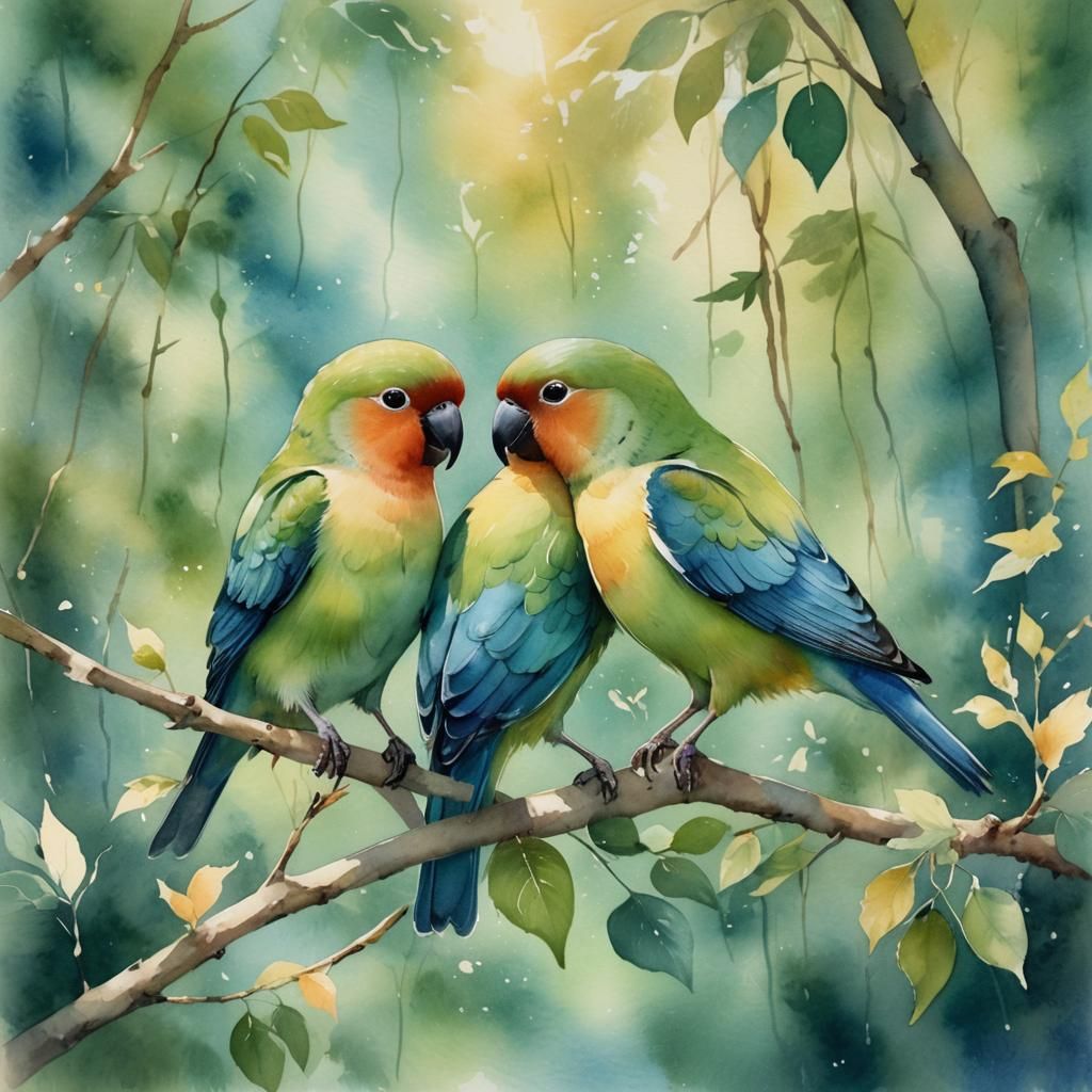 Watercolor Lovebirds in Lush Forest Scene