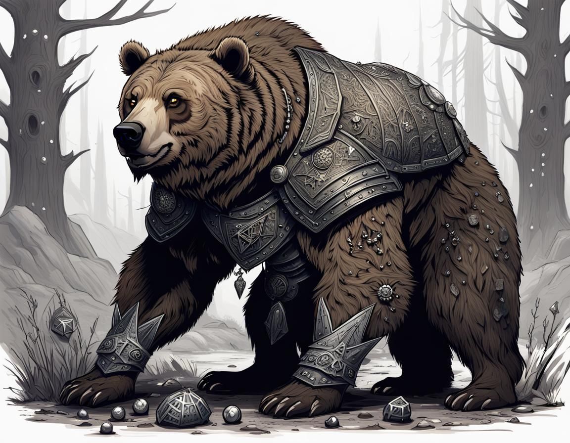 Armored Grizzly Bear in Dark Fantasy Style