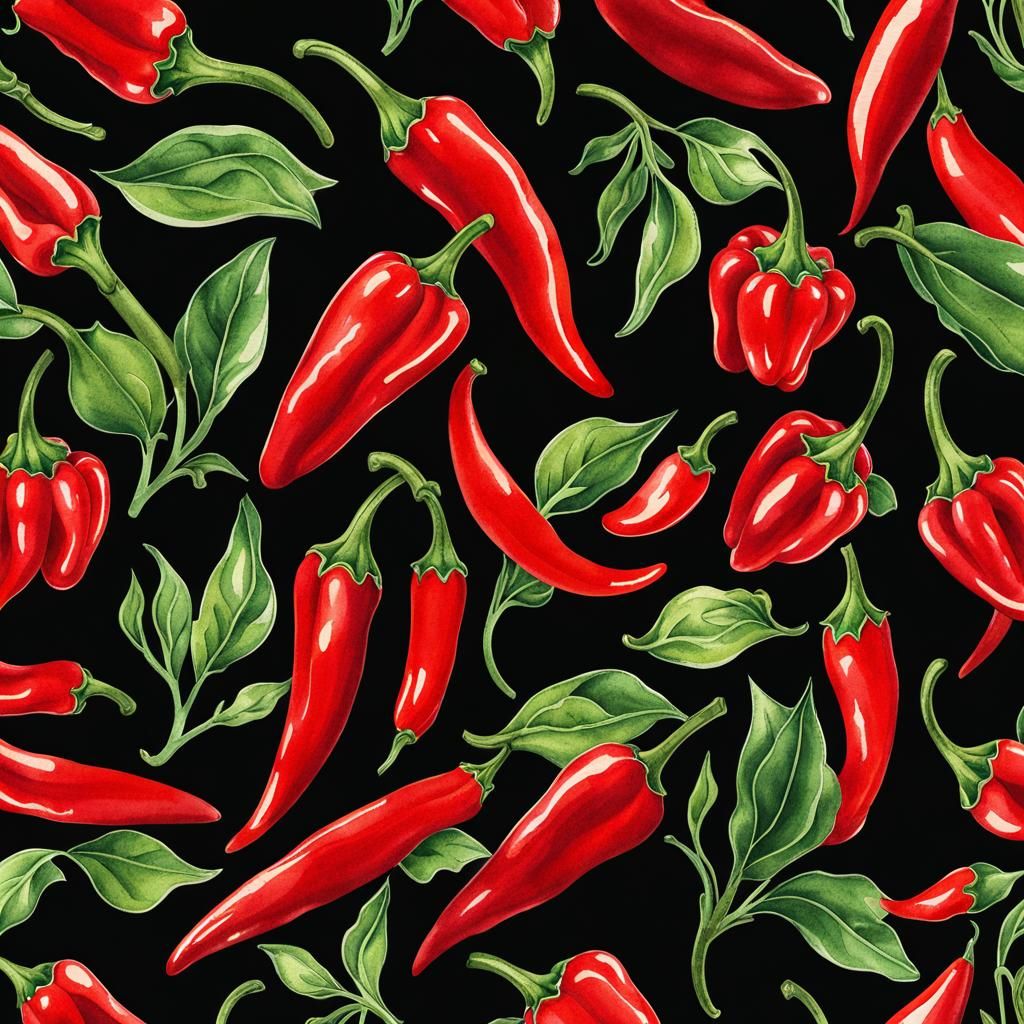 Vintage Chilli Pepper Fabric Pattern in Watercolor