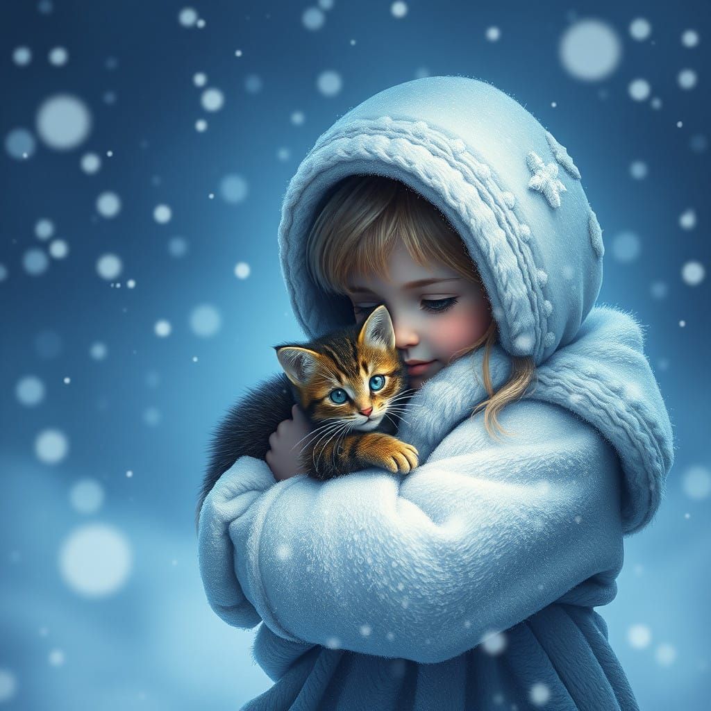 A Little Girl Hugs Her Kitten Closely in a Whimsical Blizzar...