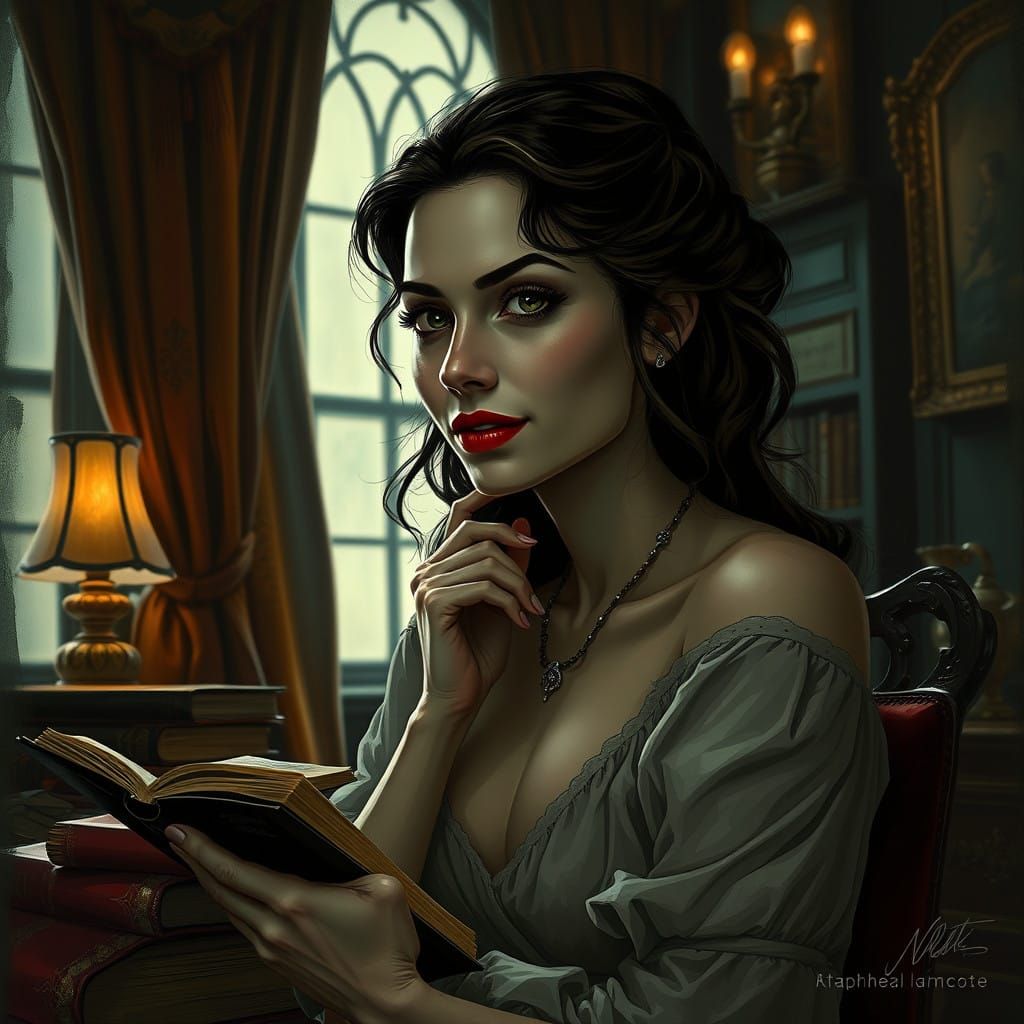 Surreal Portrait in a 19th-Century Study with Velvet Drapes....