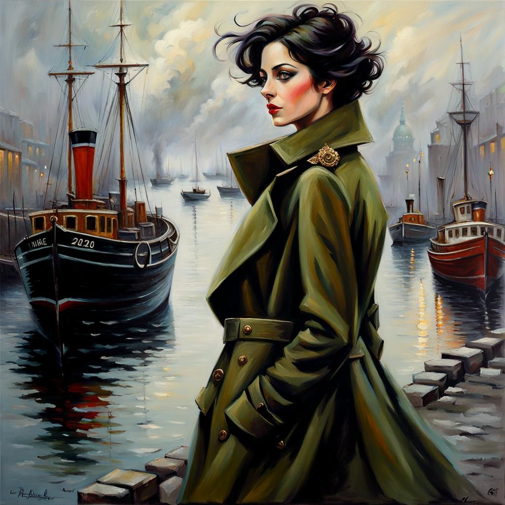 French Woman in Olive Coat Walking Harbour, Gothic Art