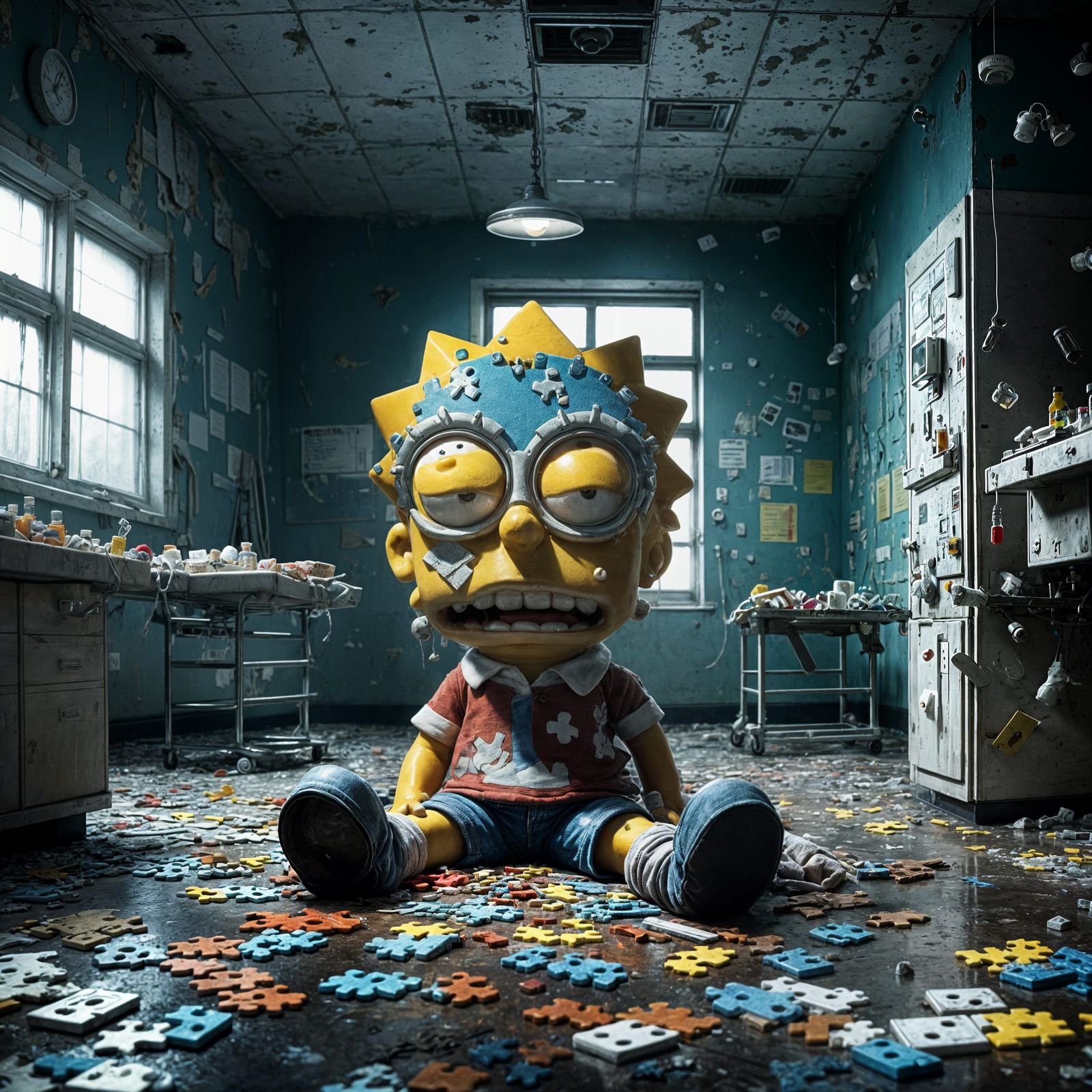 Melting Puzzle Bart in Abandoned Hospital: 3D Render