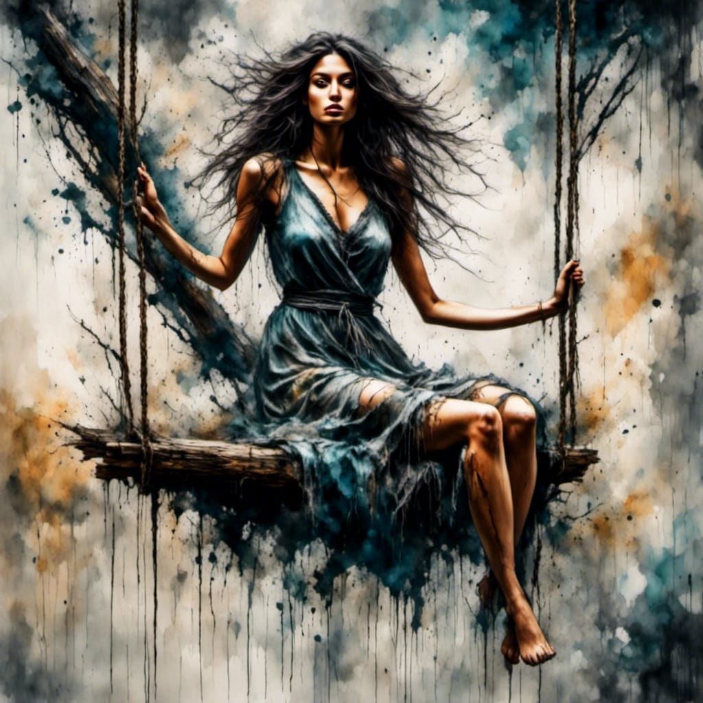 Impressionist Girl on Wooden Swing in Golden Light