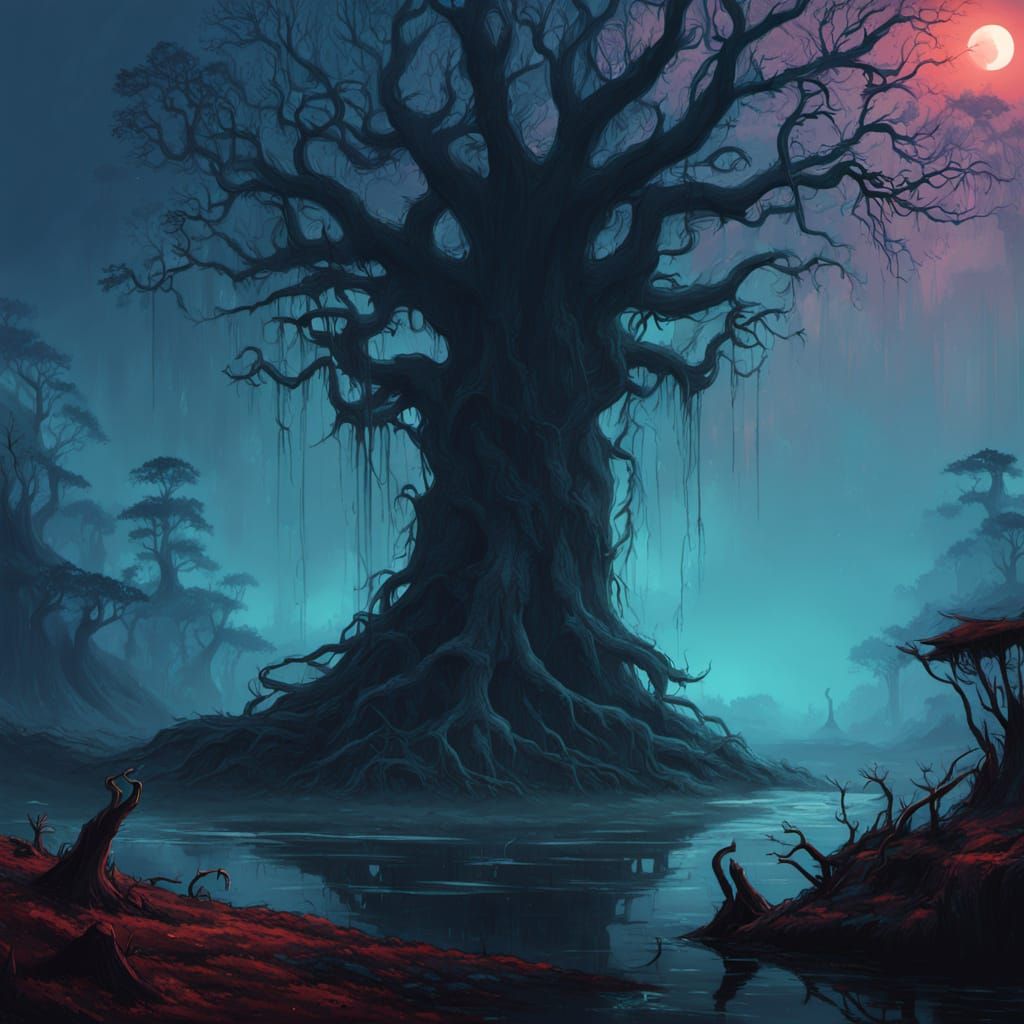Dark Surrealist Swamp Realm in Cosmic Indigo Hues