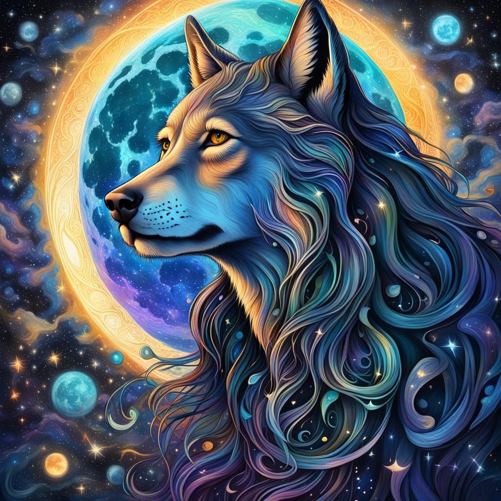 Woman Howling at Moon: Holographic Astral Illustration