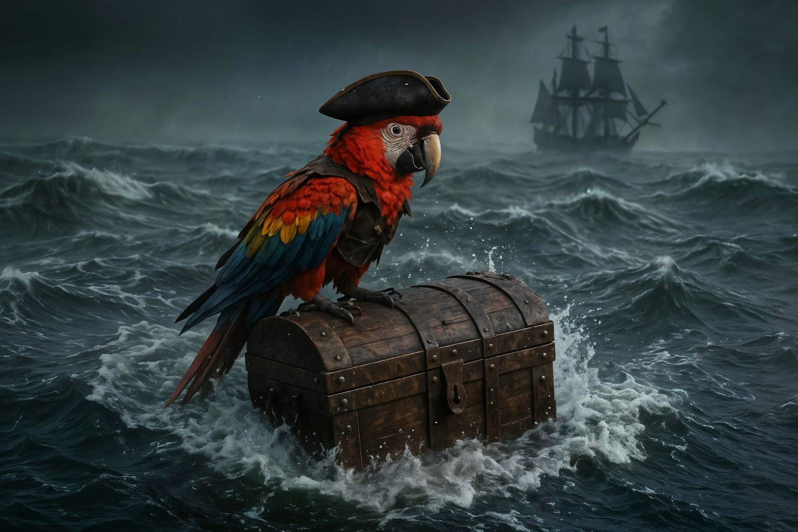 Stormy Ocean Scene with Pirate Ship and Macaw