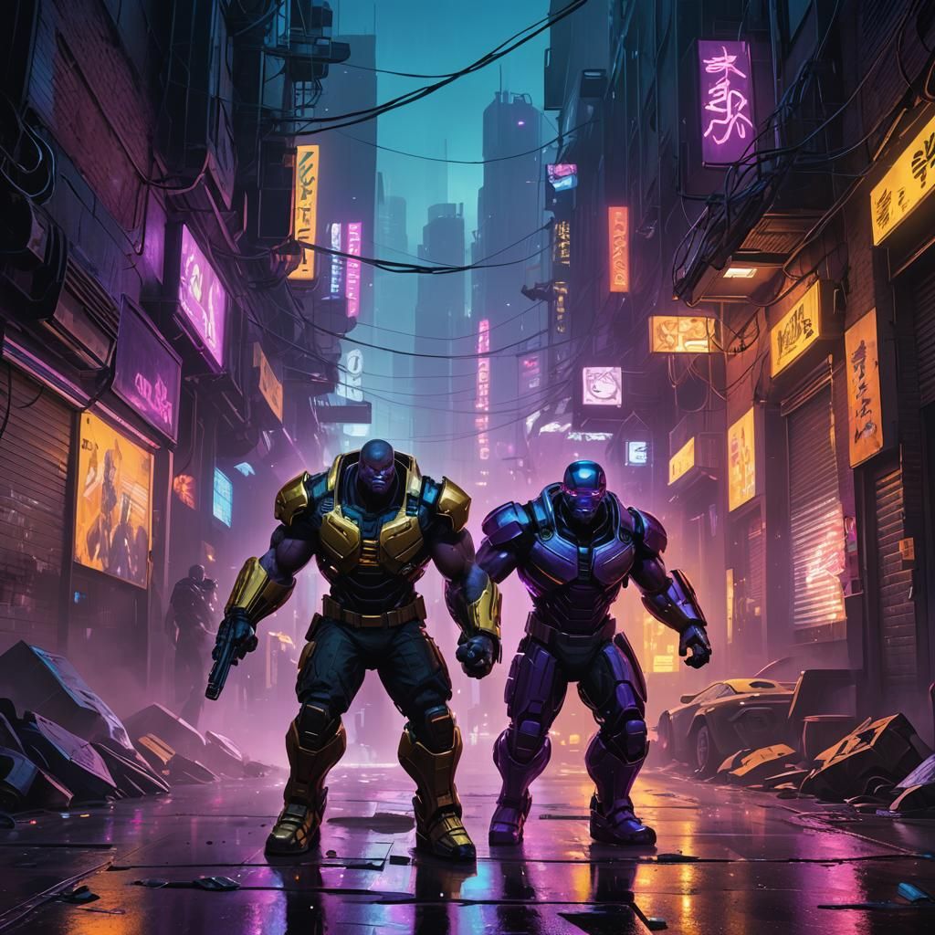 Baby Thanos vs War Machine in Cyberpunk Alley