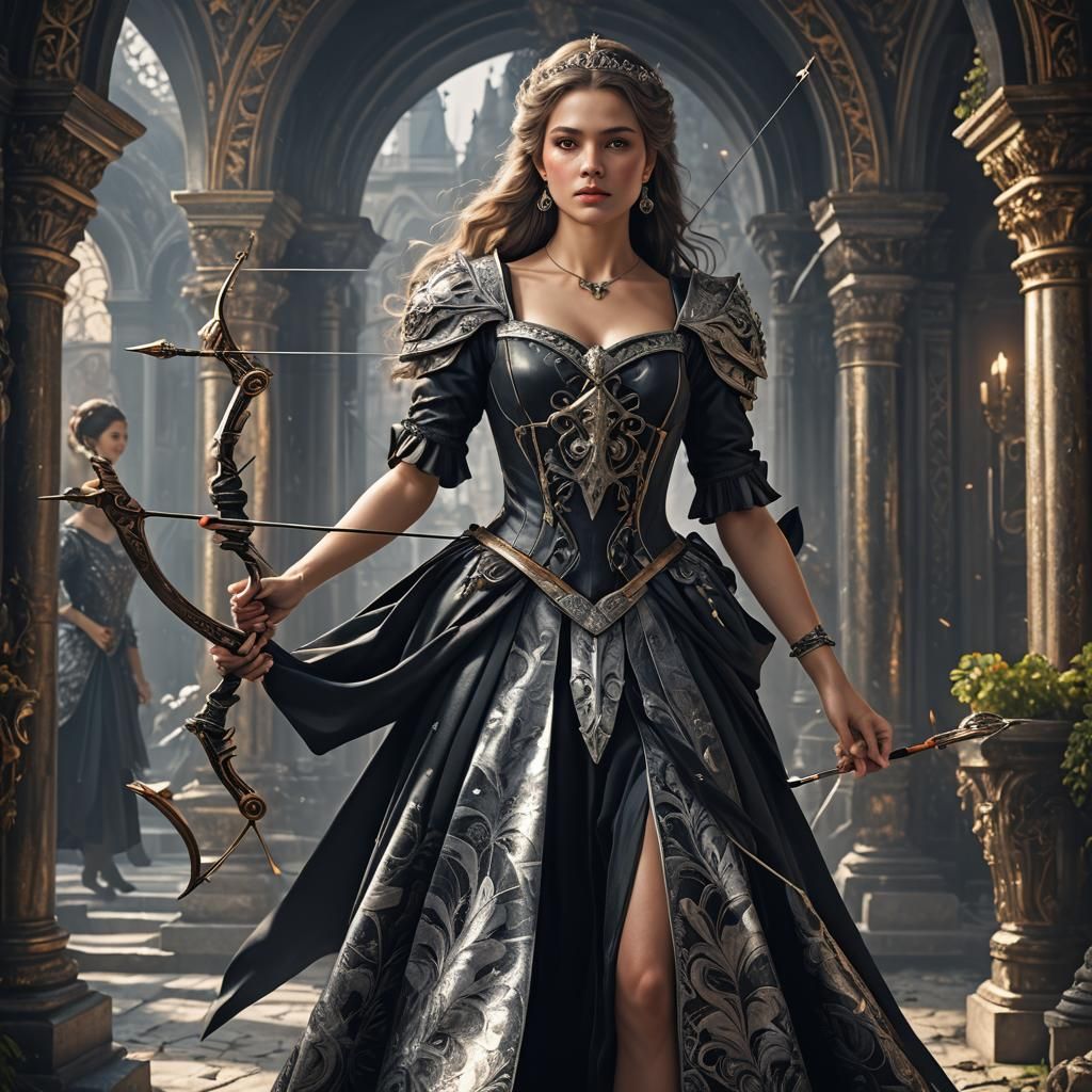 Baroque Woman Archer in Black and Silver Dress