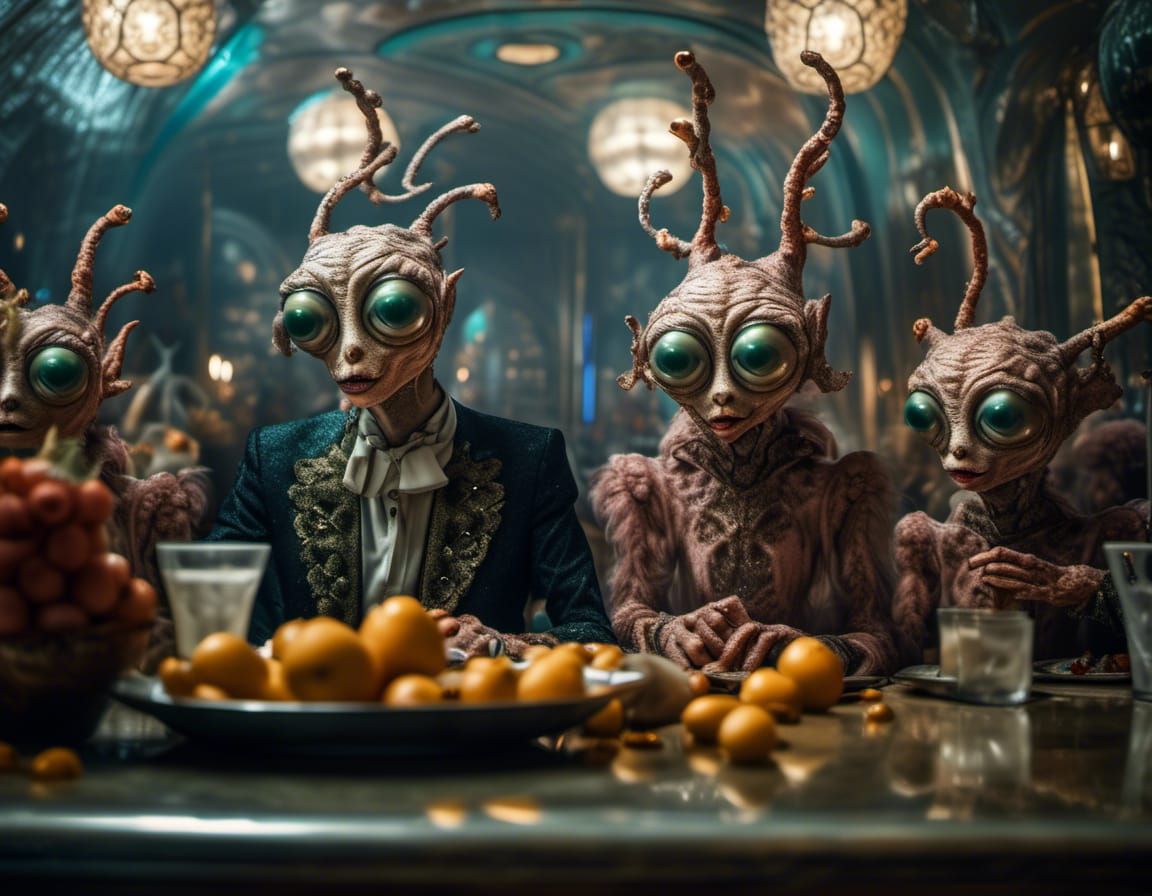 Surreal Alien Feast in Futuristic Restaurant