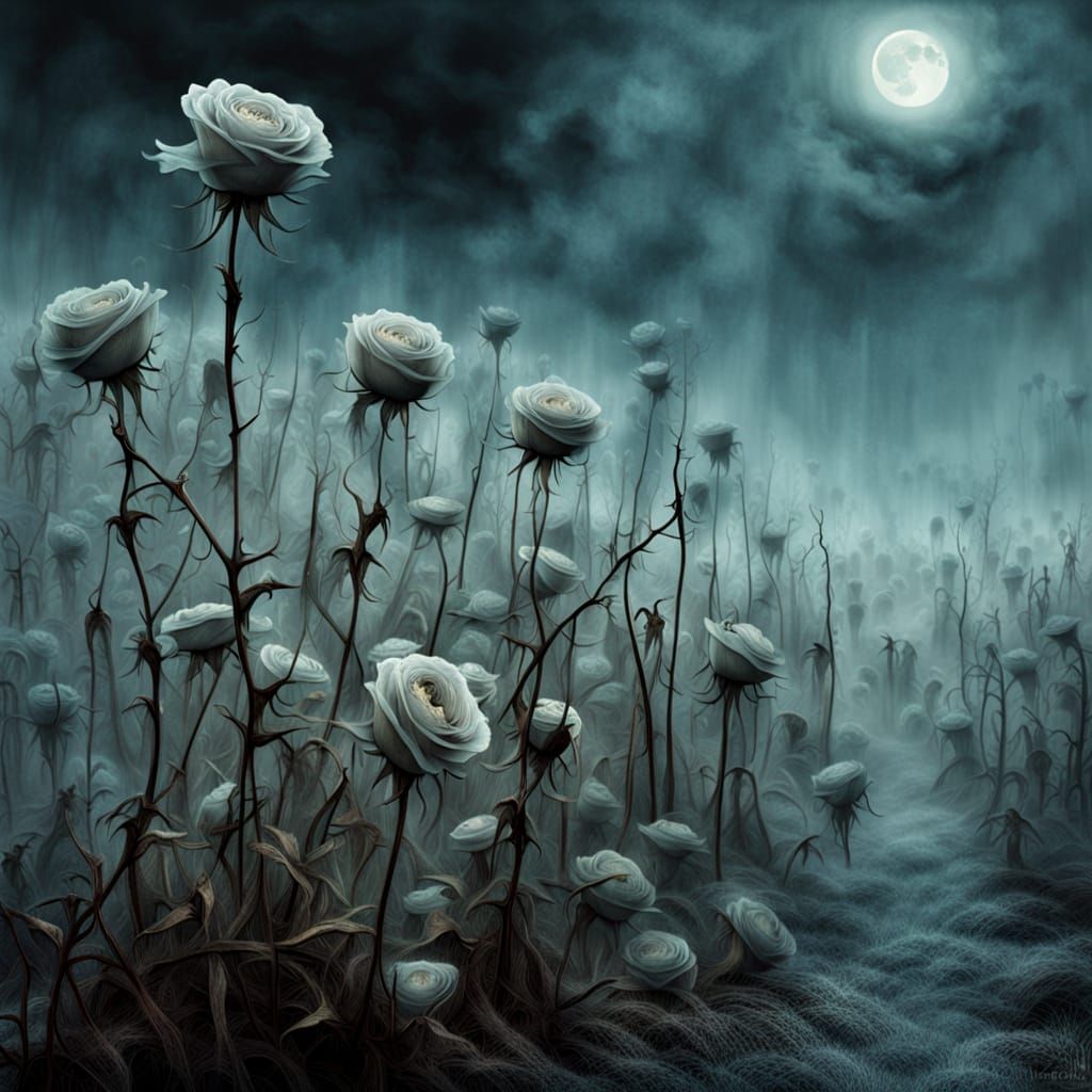 Ethereal Ghostly Roses in Surreal Mist