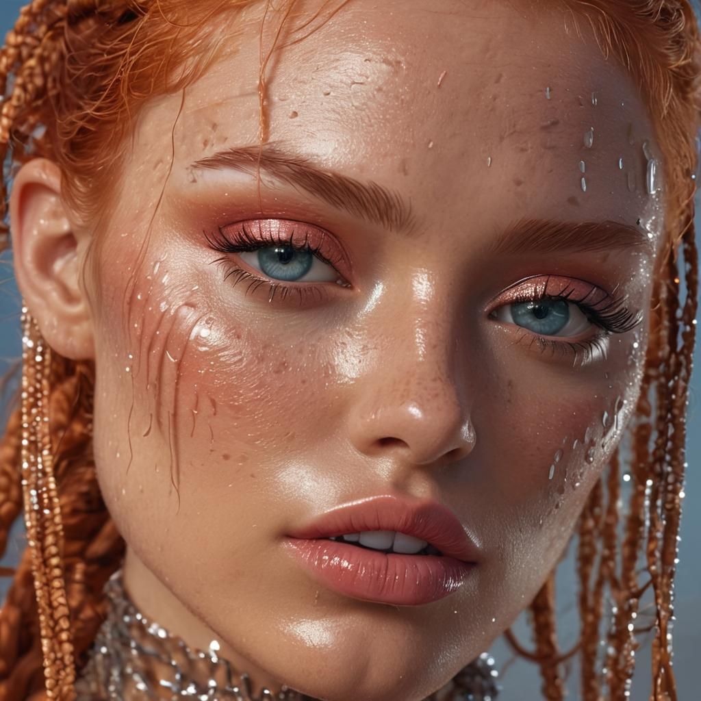 Post-Rain Beauty: Redhead Model with Lacy Braids