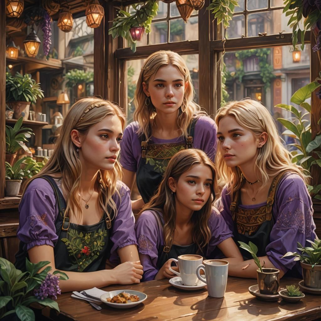 Girls in Cozy Cafe: Vibrant Oil Painting