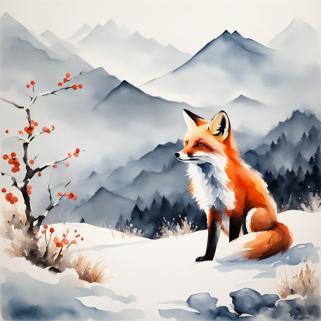 Fox Playing in Snow: Chinese Ink Painting