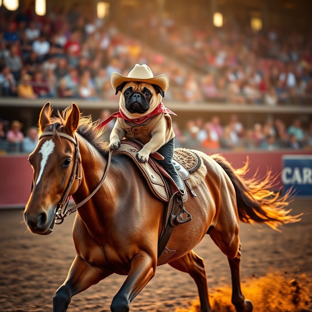 Pug Cowboy Rides Horse in Calgary Stampede Barrel Racing