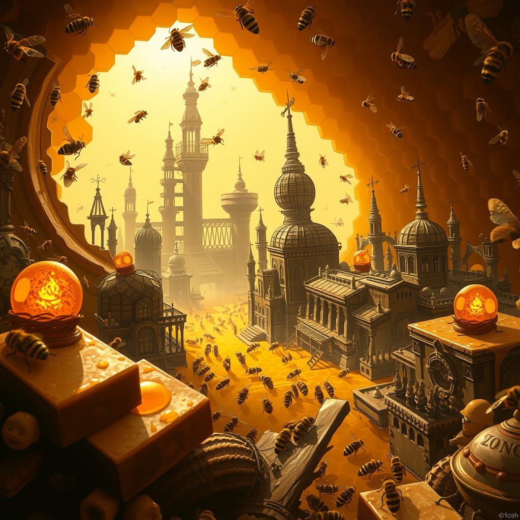 Buzzing Bee City Hive with Honeycomb Architecture