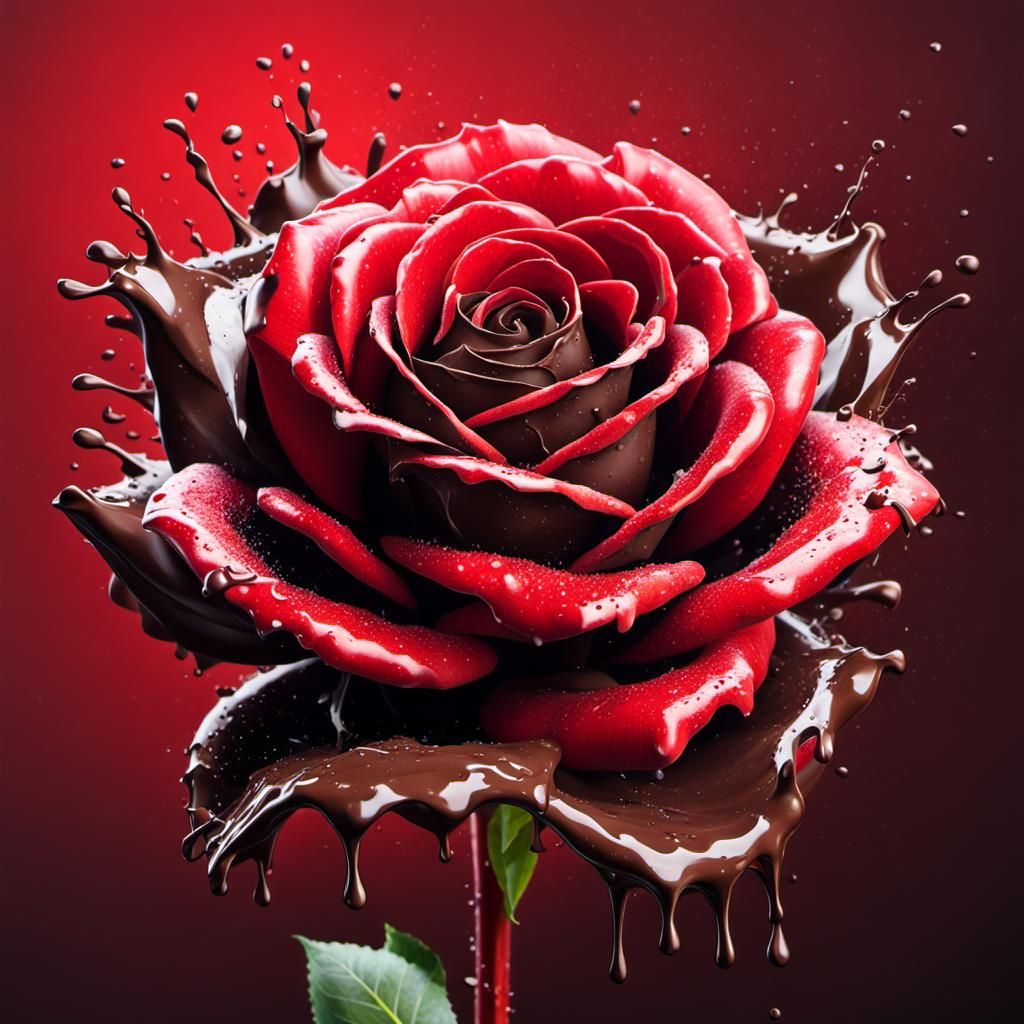 Chocolate Splash on Red Rose in Hyperrealistic Style