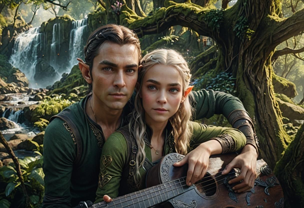 Elven Village Scene with Child and Waterfall